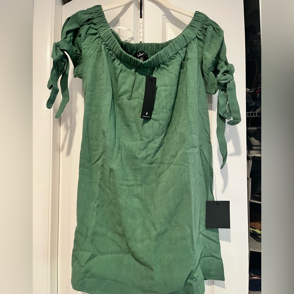 Al Fresco Evenings Olive Green Off-the-Shoulder Dress